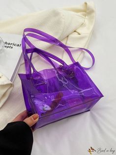 BirdinBag - PVC Mini Square Bag in Clear Purple Hue Portable Purple Satchel Shoulder Bag, Purple Satchel Shoulder Bag, Purple Handheld Bag With Large Capacity, Purple Satchel Shoulder Bag With Large Capacity, Purple Rectangular School Bag, Large Capacity Handheld Purple Bag, Purple Bucket Bag For Daily Use, Purple Tote Bucket Bag For Daily Use, Trendy Purple Shopping Bag