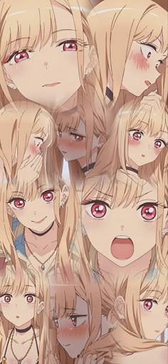 many anime faces with red eyes and blonde hair, all looking at the same person