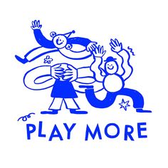 the logo for play more is shown in blue on a white background, with two children playing