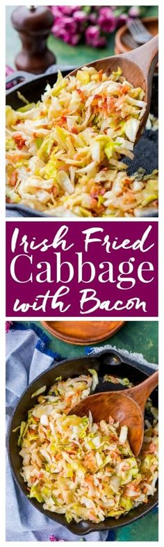 cabbage with bacon in a cast iron skillet and the title overlay reads using a fried cabbage with bacon