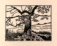 a black and white drawing of a tree in the middle of a field with flowers