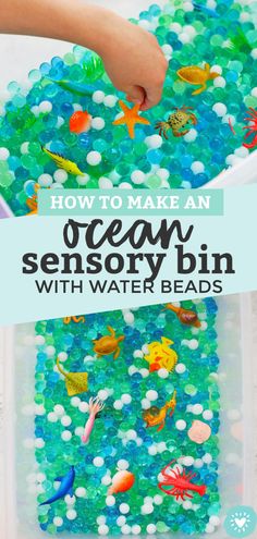 an ocean activity bin filled with water beads for kids to make and play in the sand