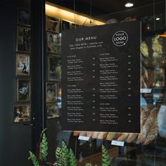 the menu is hanging in front of the window