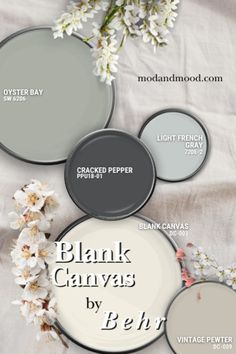 four different shades of gray and white with the words black canvas by behr on them