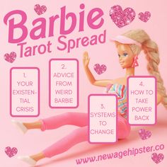 a barbie doll with instructions for how to spread the word barbie tarot spread on it