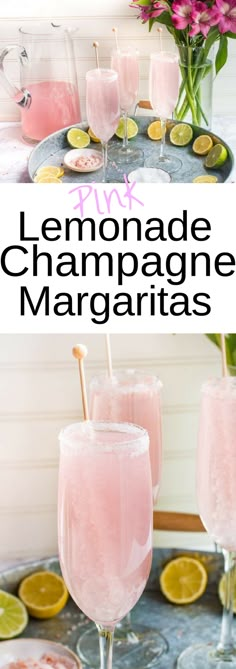 pink champagne margaritas are served on a tray with lemon slices and flowers in the background