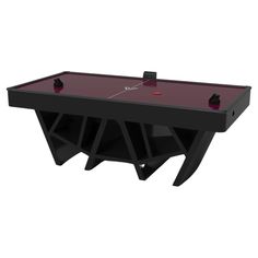 a black and red pool table with one player on it's back end, in front of a white background