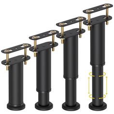 three different types of black and gold poles with metal posts on each side, one has two