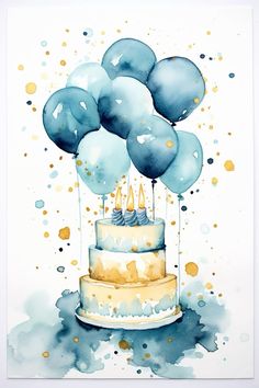 a painting of a cake with blue balloons on it's top and the words happy birthday written in white