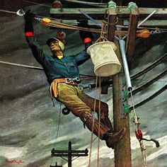 an illustration of a man hanging on to a telephone pole with wires and water jugs