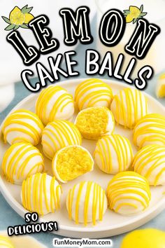 lemon cake balls on a white plate with the words lemon cake balls written in black