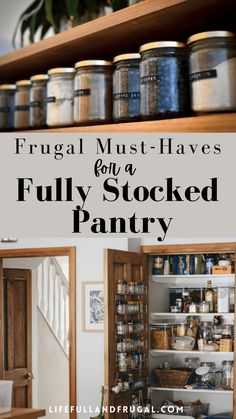 an open pantry with the words free printable must have pantry grocery list on it