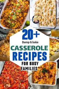 casserole recipe collage with the words 20 + dump and bake casserole recipes for busy families