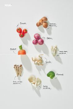 an image of different types of vegetables on a white surface with words describing their names