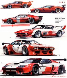 four different types of race cars in red and white