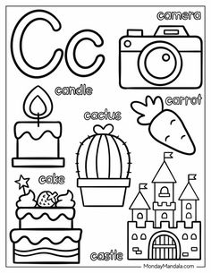 the letter c is for cake and other things that are on display in this coloring page