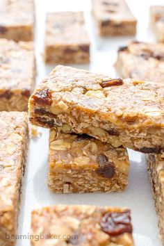 granola bars stacked on top of each other with raisins in the middle