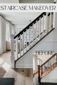 staircase makeover before and after with white walls, wood flooring and black railing