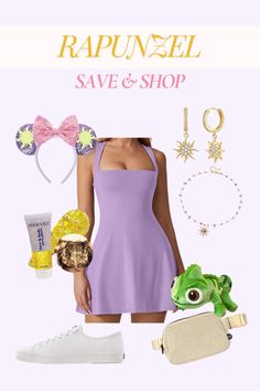 a woman in a purple dress and accessories with the words rapunzel save & shop