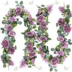 the letter o is made up of purple flowers and green leaves with butterflies around it