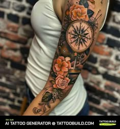 a woman with a clock and roses tattoo on her arm