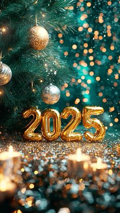 new year's eve background with golden numbers and christmas tree lights in the foreground