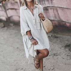 Garrett Tiered Babydoll Tunic - Sage Oshnow Sukienki Maksi, Loose Shirt Dress, Boho Mode, Collared Shirt Dress, Womens Fall Dress, Loose Outfit, Loose Shirts, Looks Chic, Mid Length Dresses