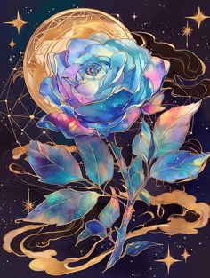 a painting of a blue rose with stars in the background and a moon on top