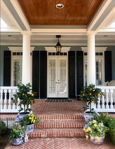 two potted plants sit on the front steps of a house