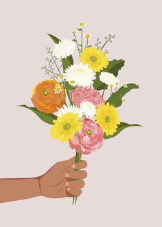 a person's hand holding a bouquet of flowers with orange and white daisies