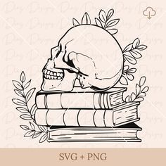 a skull sitting on top of books with leaves around it and the words svg + png