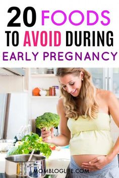 pregnant woman preparing food in the kitchen with text overlay that reads 20 foods to avoid during early pregnancy