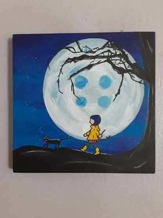 a painting of a boy walking his dog in front of a full moon and tree