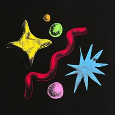 an image of three stars and two planets on a black background that is drawn with colored chalk