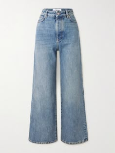 Loewe's jeans will quickly become your go-to for casual days. They're cut from light-blue denim that's faded at the knees and has a wide-leg shape with just the right amount of slouch. Complement the super high-rise waist with a cropped shirt or sweater. Light Blue High Rise Jeans, Cool Pants Design, Luxury Casual Wide-leg Jeans, Wide-leg Washed Blue Jeans, Luxury Wide-leg Jeans, Washed Blue Wide-leg Jeans, Luxury Wide-leg Women's Jeans, Aesthetic Pants, High Waisted Wide Leg Jeans