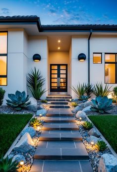 a white house with steps leading up to the front door and plants on either side