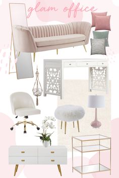 a pink and white color scheme for a feminine office with gold accents, furnishing, desks, chairs, lamps, and more