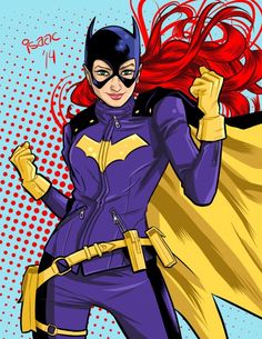 a woman dressed as batgirl flying through the air with her red hair blowing in the wind