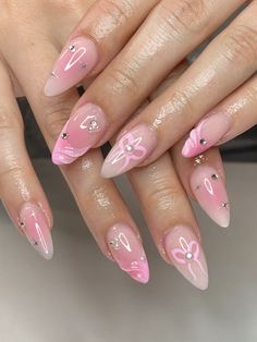 pink almond aura nails with pearls and 3d art sparkle design bow design with gems Light Pink Nail Designs, Cute Almond Nails, Almond Nails Pink, 3d Nail Designs, Cute Pink Nails, Cute Gel Nails, Soft Nails, Gem Nails, Glam Nails