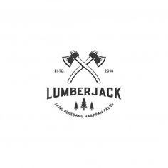 the lumber jack logo with two axes and pine trees in the background, on a white background