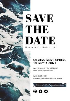 an ad for save the date with waves and blue sky in the background, which reads'coming next spring to new york? why should you attend? '