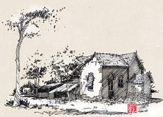 an ink drawing of a house in the country