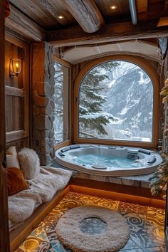 a large hot tub sitting in the middle of a living room next to a window