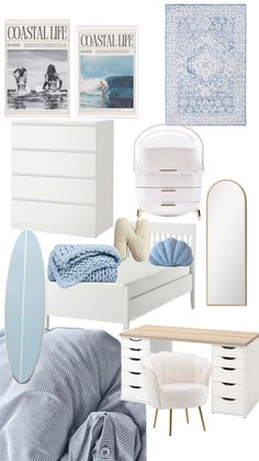 a bedroom with white furniture and blue accents, including a surfboard on the bed