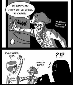 a comic strip with an image of a pirate pointing at another person in the background