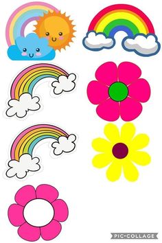 some flowers, clouds and sun on a white background with the words cut outs below them