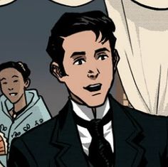 an animated image of a man in a suit and tie with other people behind him