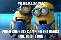 two minions sitting next to each other with caption saying yo mama so black that she doesn't even need a shadow