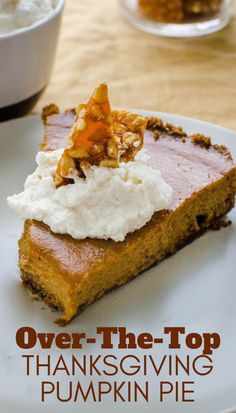 a slice of pumpkin pie with whipped cream on top