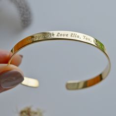 Whether you're a minimalist, an adventurer, a fashionista, or a sentimental soul, our gold plated bracelets offer a variety of customization options to suit your unique taste. - Gold plated bracelet engraved with your chosen message. - The  thickness of gold plating is around 0.5 microns - Text, coordinates, numbers or handwriting outside and inside the cuff  - The color doesn't wear off - Up to 90 characters  on each side - Approximately 0.25 inch wide (6.3mm), 6.3 inch long (16cm) - Laser engr 90 Characters, Engraved Bangle, Personalized Bracelet, Gift For Woman, Bracelet Women, Engraved Bracelet, Gold Cuffs, Personalized Bracelets, Gold Plated Bracelets